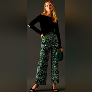 Anthropologie Maeve The Colette Wide-Leg Ponte Pants 32 Green Flower Black Leaf